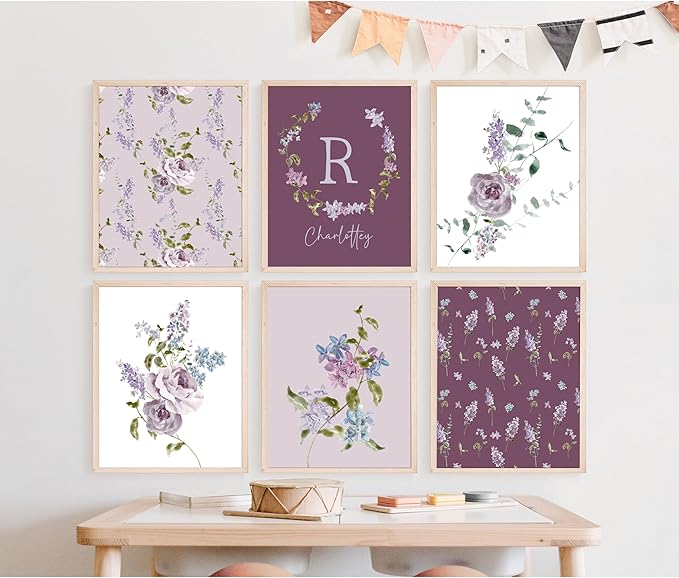 Personalized Name Flower Nursery Wall Art Prints, Crib & Nursery décor, Newborn Baby Girl Gift Present, Floral Baby Girl Room Pictures, Poster For Baby And Kids (6 Prints, Flower 2)