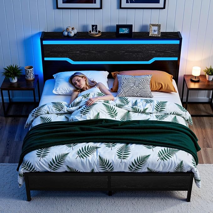 King Size Bed Frame with LED Lights & Charging Station, King Bed Frame and Headboard,13" Under Bed Storage, Noise-Free Heavy Duty Metal Support, Modern Black
