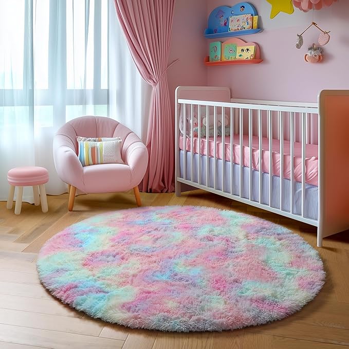 Amdrebio Rainbow Fluffy Small Round Rug 3Ft Kids Rugs for Girls Bedroom, Unicorn Room Decor, Colorful Pastel Shag Carpet for Dorm, Soft Cute Fuzzy Kawaii Circle Area Rugs for Baby Nursery, Playroom