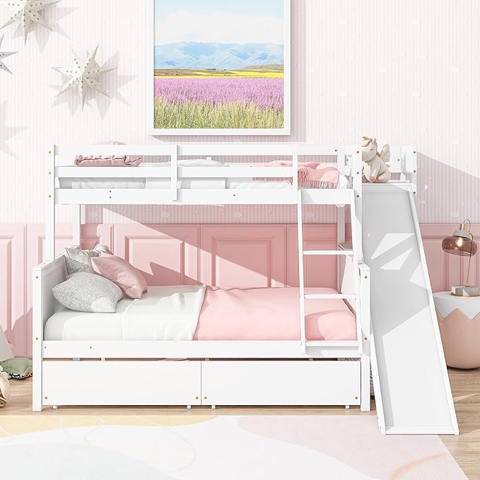 Twin Over Full Bunk Bed with 2 Drawers and Slide, Wood Bunk Bed Frame with Shelves and Ladder, Space Saving Design Bunk Bed for Kids Teens Boys Girls (White-x32c)