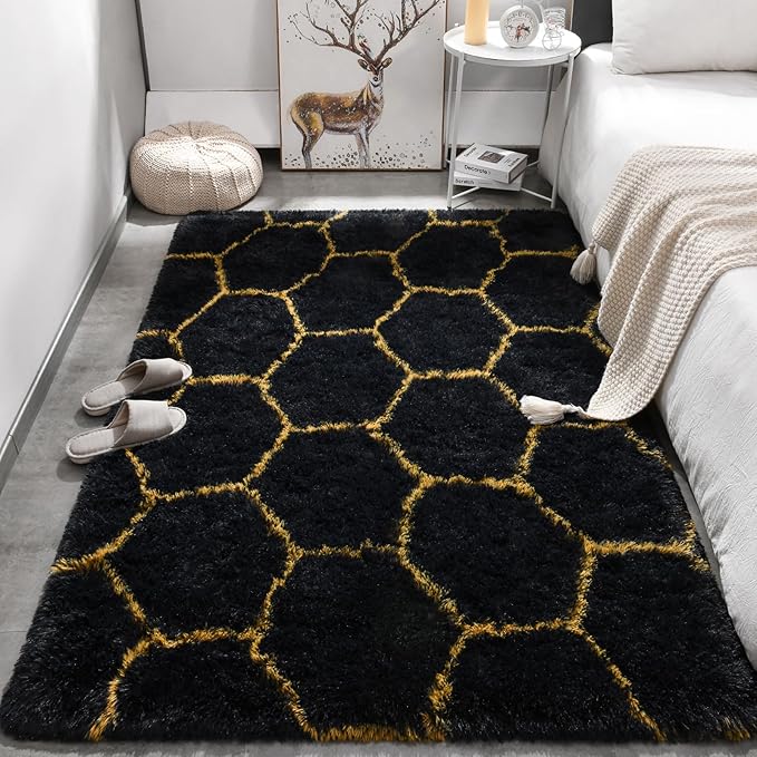 Meralax Hexagon Gold/Black Rugs for Living Room Bedroom, 5x8 Soft Area Rug Fluffy Shaggy Bedside Rug, Machine Washable Indoor Floor Carpet for Kids Boys, Dorms, Nursery Rooms, Home Decor Aesthetic