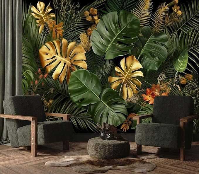 Gold and Green Monstera Leaf Wallpaper Tropical Jungle Banana Leaves Wall Mural for Living Room Bedroom (Not Self-Adhesive)