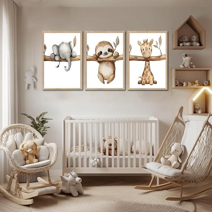 3Pcs Nursery Animal Wall Art Safari Nursery Canvas Poster Prints Jungle Kids Painting Cute Animal Elephant Sloth Giraffe Artwork Picture Wall Decor for Boys Room Girls Room 12x16in Unframed