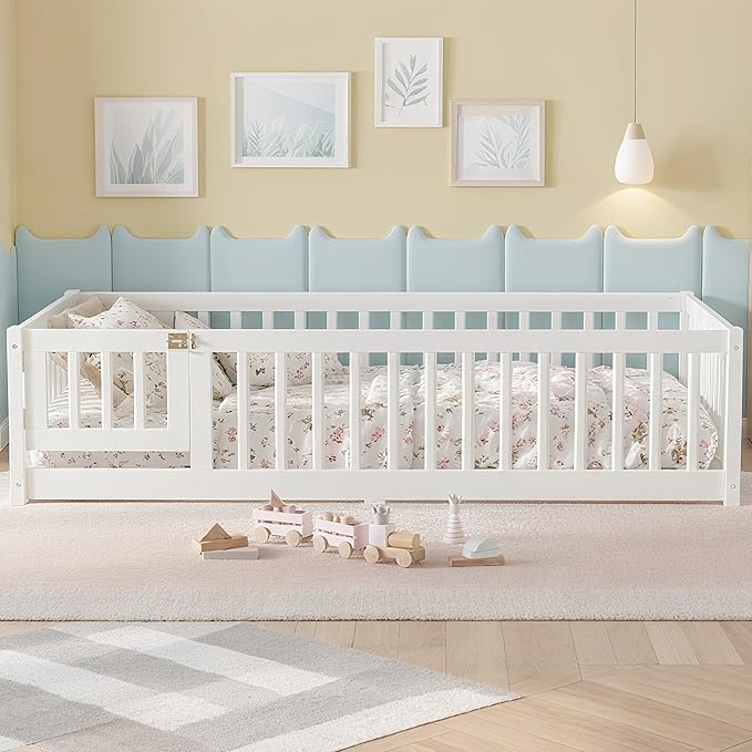 Bellemave Montessori Twin Floor Bed Frame with Fence and Removable Door, Low Profile Twin Size Montessori Bed Frame for Kids, Solid Wooden Floor Beds for Bedroom,Nursery, White