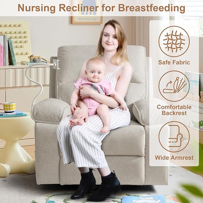 360° Swivel Glider Recliner Nursing Rocking Chair for Breastfeeding, with Adjustable and Removable Phone Holder for Living Room,Nursery Room, Baby Essentials