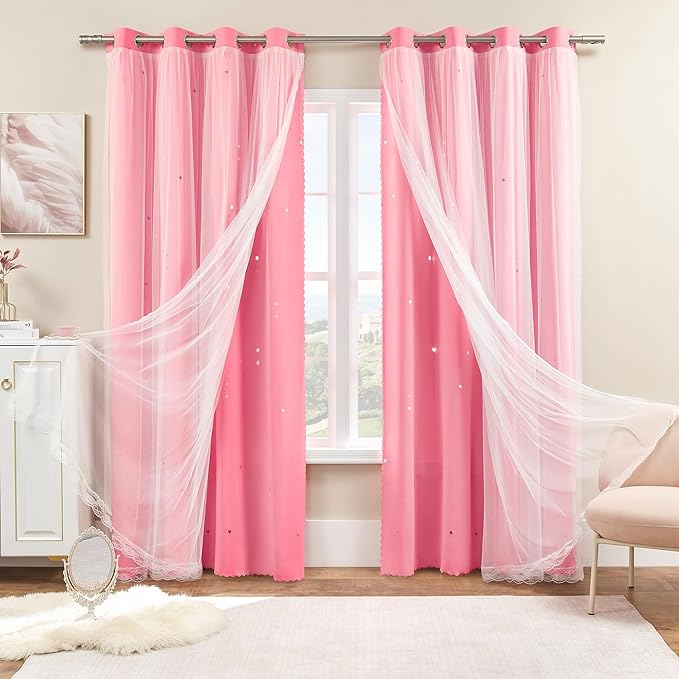 XiDi Pink Curtains for Girls Nursery Room 90 Inches Long Blackout Double Layer Curtains with Sheer Overlay for Kids Toddler Princess Bedroom Living Room Darkening Grommet Window Drapes W52 X L90