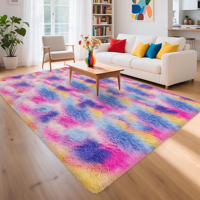 Dark Rainbow Rug for Kids Room 6x9 Cute Fluffy Kids Area Rugs for Bedroom Girls Boys Teens Dorm Toddler Nursery Soft Plush Fuzzy Shag Carpet for Living Room Indoor Floor Shaggy Rug Non Slip