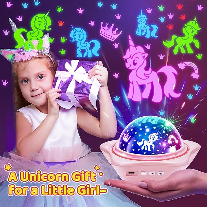 Onefire Christmas Gifts for Girls, 6 Films Light Projector Unicorn Toys for Girls Age 4-6, Rechargeable Night Lights for Bedroom, 360° Rotating Butterfly Decor Mermaid Gifts Princess Baby ToddlerToys