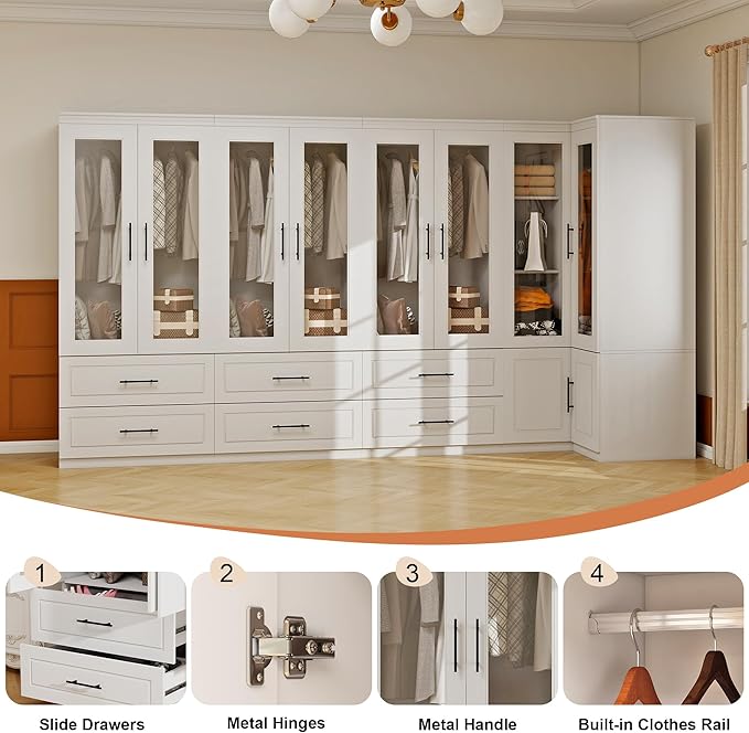Armoire Wardrobe Closet with 8 Door: White Wood Wardrobe Closet Wooden Combination Corner Cabinet Bedroom Armoire with Hanging Rods for Home/Bedroom/Living Room