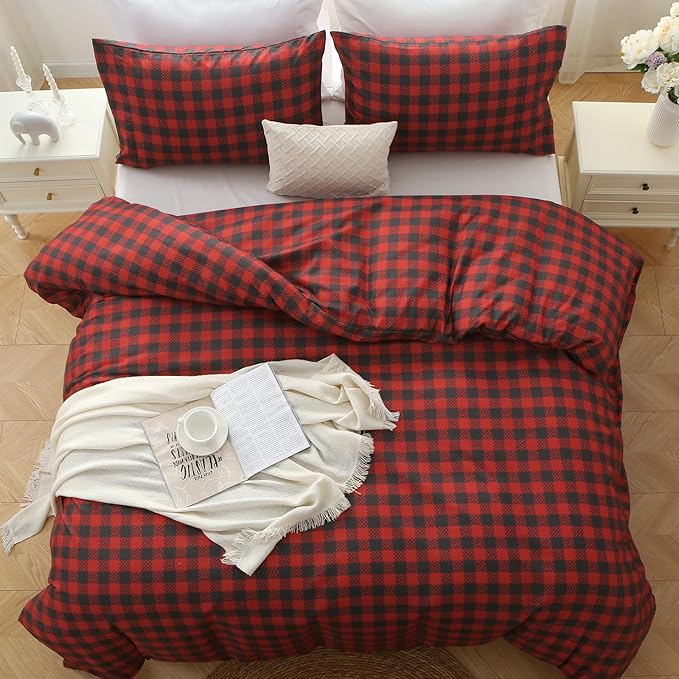 MUXHOMO Duvet Cover King Size Floral Duvet Cover Set with Zipper Closure, Red Plaid Bedding Set, 3 Pieces, 1 Duvet Cover 104"x90" with 4 Corner Ties and 2 Pillowcases 20"x36"