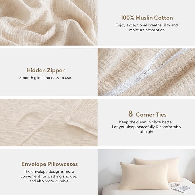 MILDLY Muslin Duvet Cover Twin - 100% Washed Cotton Linen Like Gauze Comforter Cover 2 Pieces Breathable & Lightweight for All Season