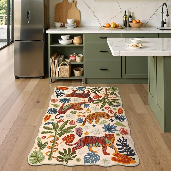 LEEVAN 3x5 Bedroom Rug Washable Tiger Kitchen Rugs Non Slip Beige Entryway Mat Scalloped Office Floor Pad Leopard Living Room Rug Low Pile Playroom Carpet Jungle Kids Mat