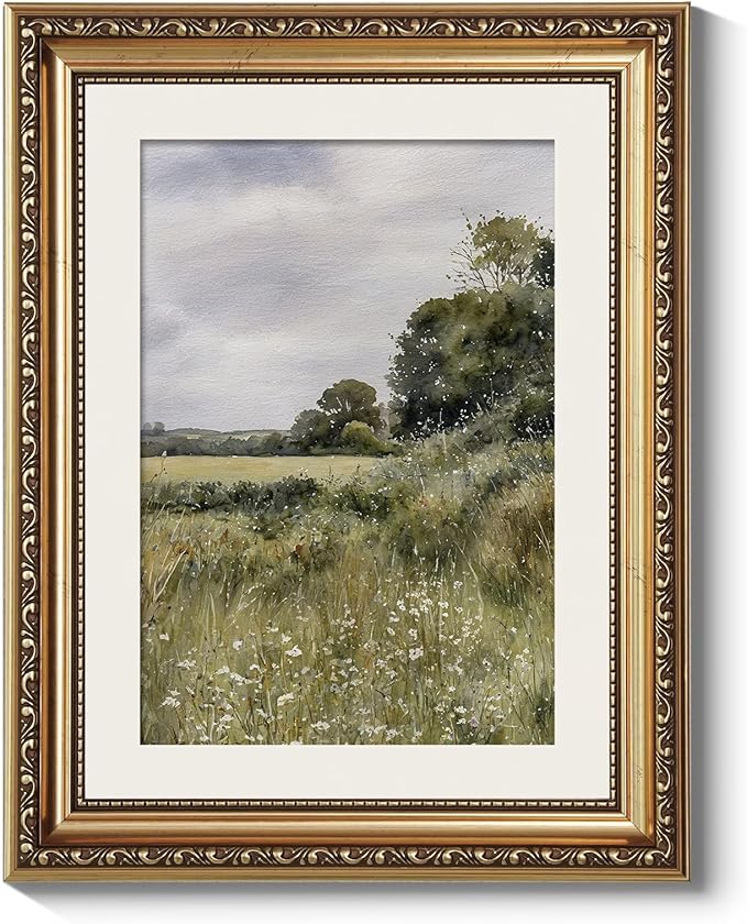 ARPEOTCY Vintage Gold Framed Wall Art, Farmhouse Meadow Landscape Country Paintings, Moody Rustic Canvas Picture Prints Artwork with Frame, Victorian Wall Decor for Living Room Bedroom 11x14 inch