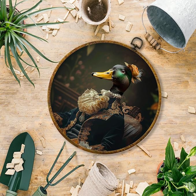 Hiuwevt Vintage Duck Round Wall Art Decor, Vintage Green Head Duck Framed Canvas Prints, Retro Renaissance Farm Animal Round Wall Hanging Decor for Home Office Decorations, 10x10 Inches