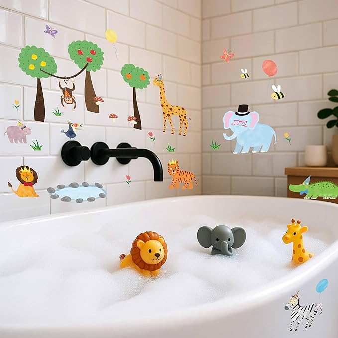 Safari Jungle Animal Wall Decals, 56-Piece Vinyl Stickers with Giraffe, Lion, Elephant, Tiger, Monkey, Trees & Accessories – Waterproof, Removable, Reusable for Living Room, Bathroom, Party Decor