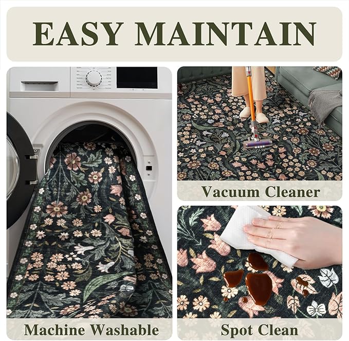 5x7 Washable Area Rug for Living Room, Floral Non-Slip Non-Shedding & Easy Care, Soft Low Pile Forest Boho Indoor Floor Carpet for Living Room, Bedroom, Farmhouse, Dining Room, Kids Playroom, Black