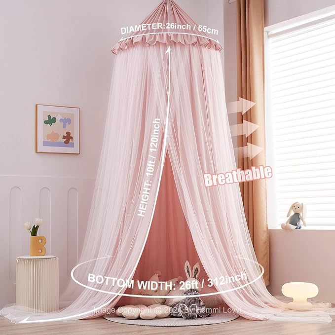 Double Layers Bed Canopy with Star Lights, 3 Pieces Layers Canopy for Girls Bed, Princess Round Dome Dreamy Play Tent, Hanging Kids Reading Nook Mosquito Net, Machine Washable - Pink