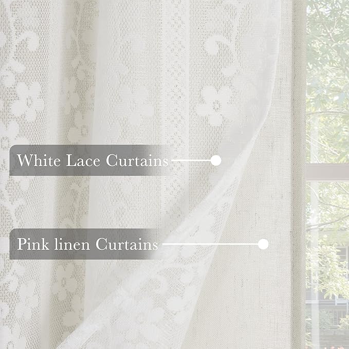 PONY DANCE Linen White Curtains for Living Room 84 Inches Long, Farmhouse Thermal Insulated Room Darkening Curtains, Double Layer Curtain for Girls' Bedroom, 52W x 84L, White, 2 Panels