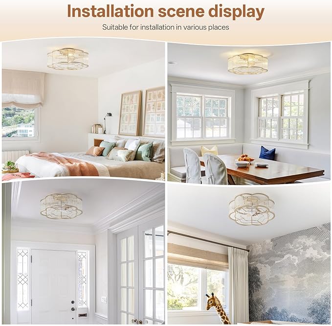 20" Gold Ceiling Fans with Lights Flush Mount, Gold Crystal Ceiling Fan with Light Remote Control, Mid-Century 6 Speeds for Bedroom, Living Room, Nursery