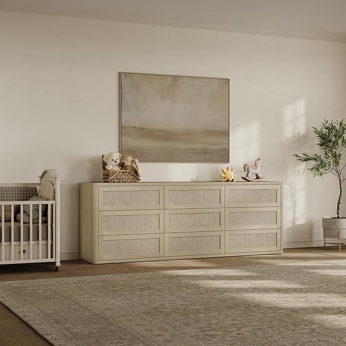 SICOTAS Dresser for Bedroom 12 Drawer Dressers & Chests of Drawers for Nursery Large Long Rattan TV Stand Set for Bedroom Living Room 103" Wide Boho Clothes Closet Storage for Closet Hallway Entryway