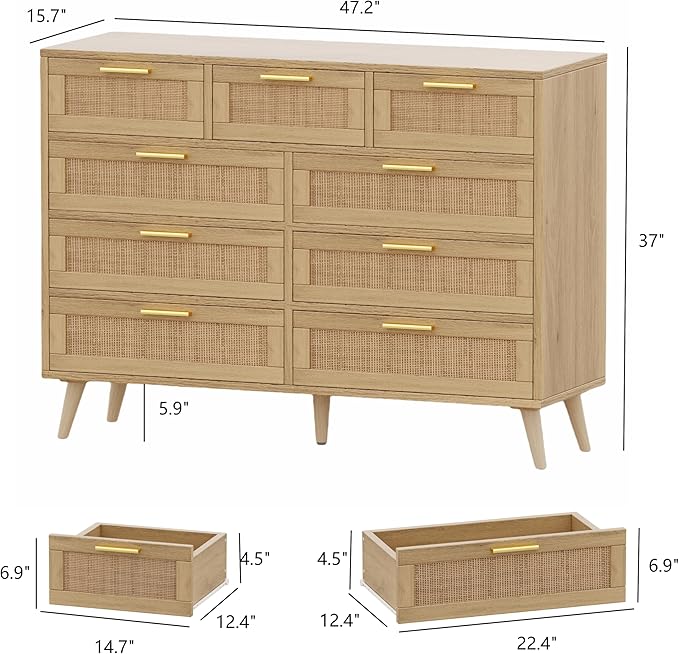 Rovaurx 9 Drawers Dresser for Bedroom, Boho Chest of Drawers with Metal Handles, Wooden Storage Organizer with Rattan Drawers for Closet, Living Room, Hallway, Natural RDG009M