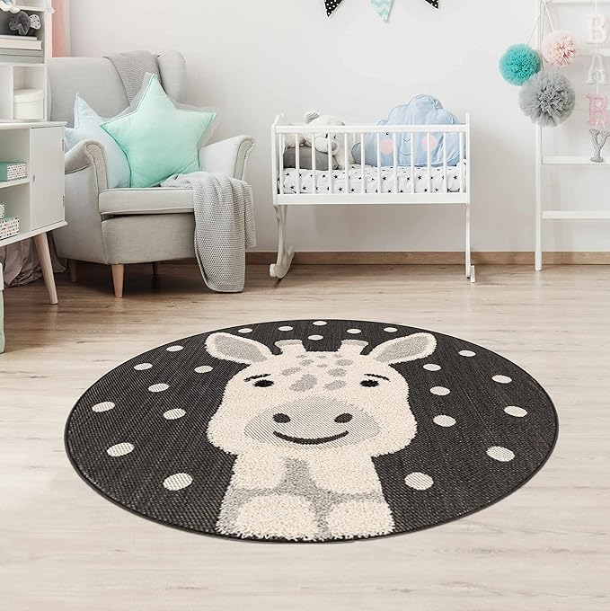 Hauteloom Kids Room, Nursery Round Area Rug - Outdoor Patio Safe - Animal Baby Giraffe Playroom Carpet - Beige, Gray, Black, Cream - 7'10"