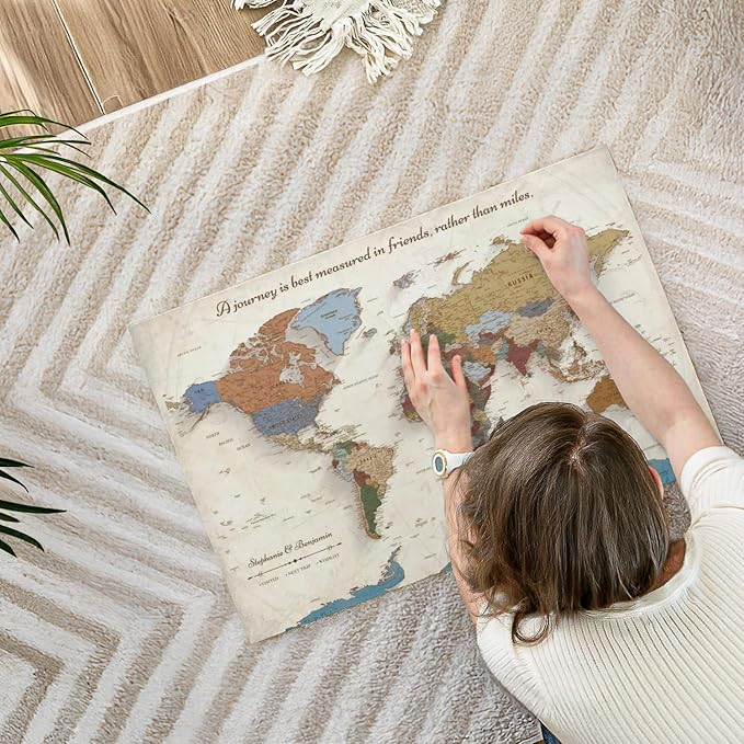 ElephantStock - Personalized Journey V Push Pin World Map Wall Art - Horizontal Canvas Wall Art - Living Room Wall Decor - Digital Art Map Canvas Art - Beige And Orange Decor - 30" x 20"