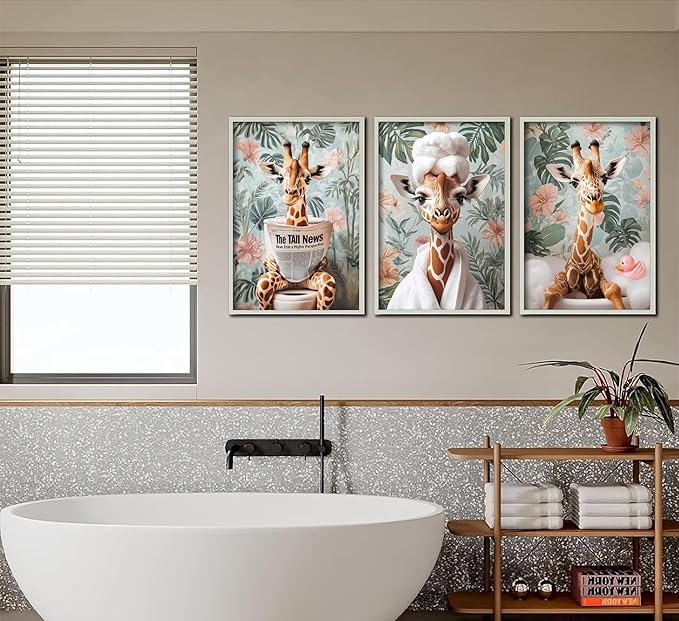 3Pcs Funny Animal Bathroom Canvas Wall Art Giraffe Reading Newspaper on Toilet Painting Picture Wall Decor Eclectic Jungle Giraffe Bathrobe Bathtub Poster Print for Toilet Bathroom Home Decoration
