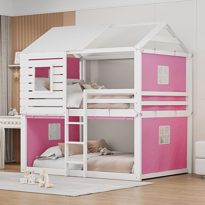Full Size House Bed Tent Bed with Windows for Kids Teens Boys Girls, Solid Wood Bunk Bed Frame with Guardrails, Versatile Spacious Under Bed Space with Curtains (Pink-Tent Full)