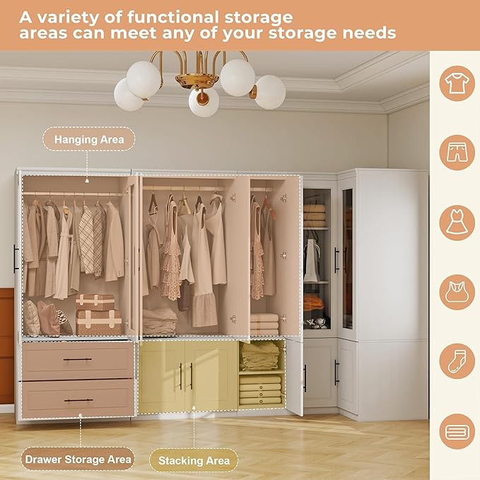 White Armoire Wardrobe Closet with 7 Door: Wood Wardrobe Closet Cabinet with Mirror Combination Corner Cabinet Wooden Bedroom Armoire with Hanging Rods for Home/Bedroom/Office