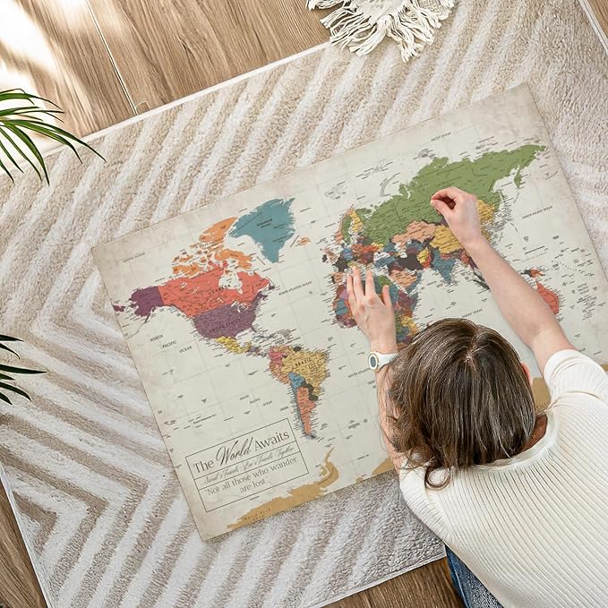 ElephantStock - Personalized World Awaits II Push Pin World Map Wall Art - Horizontal Canvas Wall Art - Living Room Wall Decor - Digital Art Map Canvas Art - Green And Beige Decor - 39" x 26"
