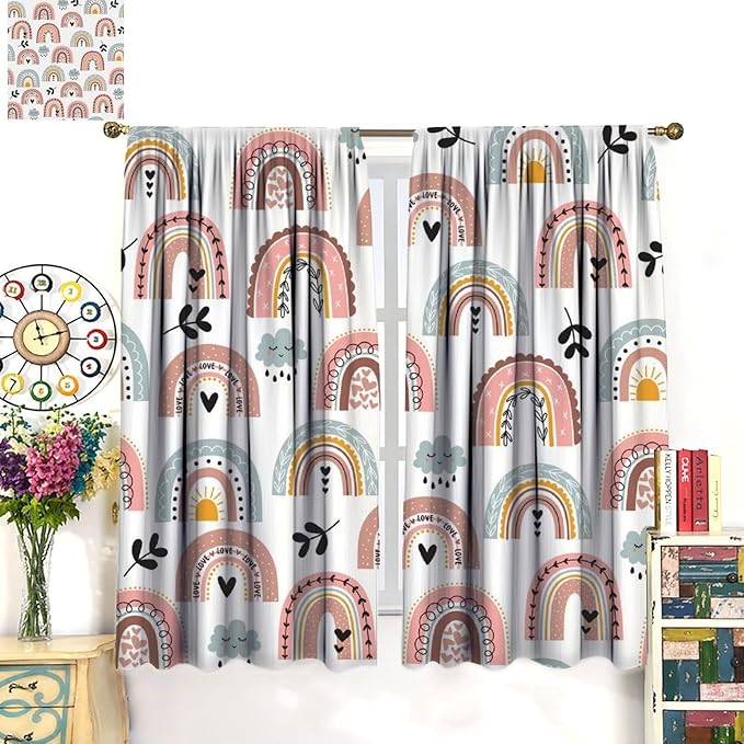 Kids Rainbow Curtains Boho Cartoon Colorful Stars Love Heart Lovely Abstract Art Pattern Print Window Drapes for Girl Bedroom Living Room Kitchen Decor,2 Panel Set,42Wx45H Inch Blackout
