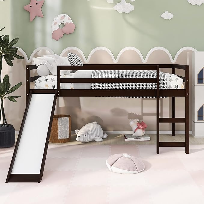 Loft Twin Bed Frame for Boys Girls Kids Toddler with Slide, Multifunctional Design, Twin (Espresso)