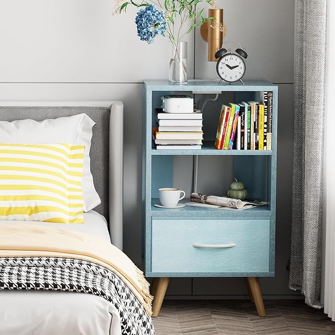 Night Stand with Charging Station, Blue Kids Nightstand with Drawer, 3-Tier Nursery Bedside Table with USB Ports and Outlets, End Table for Small Space, Living Room, Bedroom