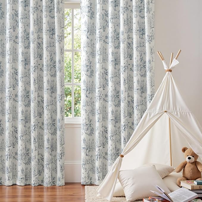 jinchan 95% Blackout Nursery Curtains 84 Inches Long, Bunny Woodland Toile Curtains Blue on Beige Animal Printed Drapes for Bedroom Rod Pocket Thermal Insulated Farmhouse Window Treatment 2 Panels