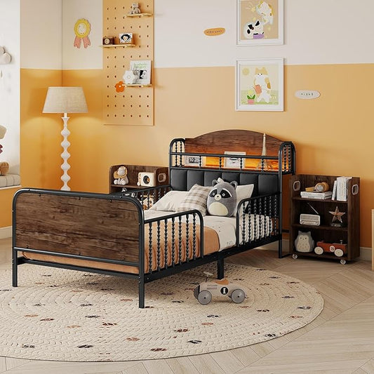 Ball & Cast Twin Size Toddler Bed W/LED Light,Metal Bed W/Storage Headboard & 2 3-Tiers Storage Shelves,Platform Bed Frame W/Safety Guardrails & Low Profile Design,for Boys Girls,Black