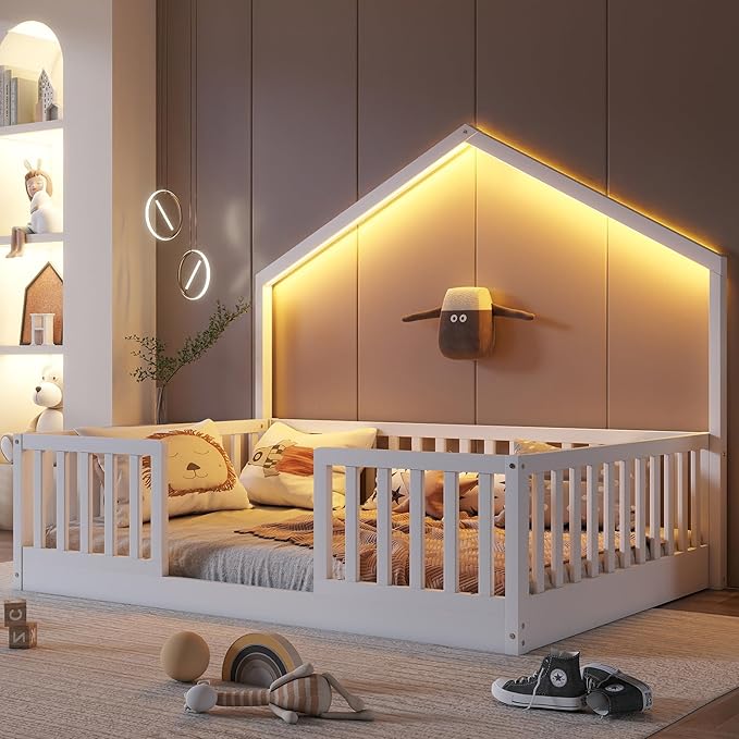 Full Size House Bed for Kids, Low Profile Full Montessori Bed with High Railings, Wood House Shape Montessori Beds with Light & Roof for Kids, White