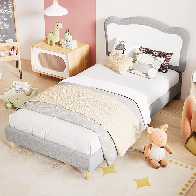 GarveeHome Upholstered Twin Bed Frame for Kids with Scallop Headboard, Cute Velvet Twin Bed for Girls, Boys, Sturdy Platform Bed, No Box Spring Needed, Wooden Slats, Noise Free, Grey White
