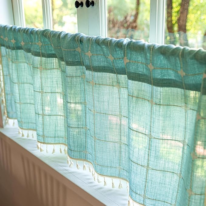 Deeprove Aqua Boho Curtain Valance 18 Inches Length Teal Bohemian Lattice Gingham Textured Embroidery Plaids, Vintage Chic Tassels Casual Easter Decor Drapes Rod Pocket, 1 Panel W52 x L18