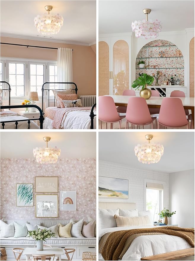 Gold Crystal Fandelier Ceiling Fans with Lights, 20" Gold Flower Chandelier Ceiling Fan with Light Remote Control, Caged Mid Century with 6 Speeds for Bedroom, Nursery, Living Room (Pink)