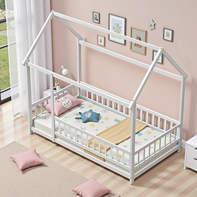 LLS Twin Floor Bed Frame with Fence, Wooden Montessori Bed, House Bed for Boys Girls Bedroom, White