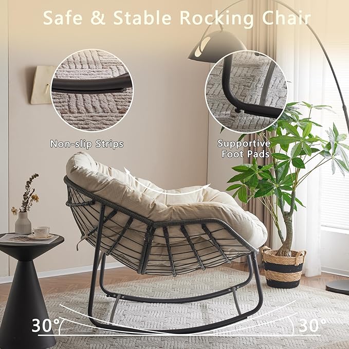 Oversized Outdoor Papasan Rocking Chair with Soft Cushion, Comfy Patio Egg Chair, Wicker Lounge Rocker for Balcony/Porch/Garden, Reinforced All Weather Rattan Frame, 330 lbs Support, Beige