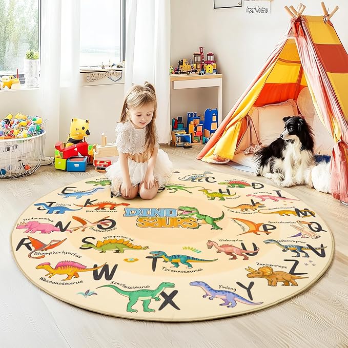 Kids Rugs for Playroom, 5'x5' Round Educational Rug for Learn The ABC Alphabet, Soft Machine Washable Non-Slip Cute Dinosaur Carpet for Classroom Toddler Nursery Kids Room Decor Mat, Beige