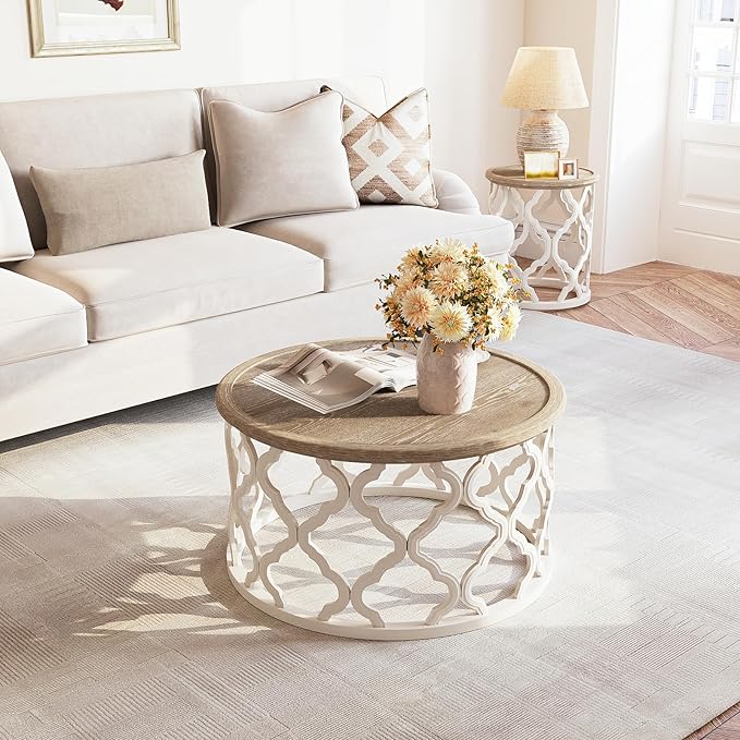 karlott Farmhouse Coffee Table, French Country Round Coffee Table with Distressed Tray Top, Coastal Coffee Table with Curved Motif Frame Base, Boho Coffee Table for Living Room, Dining Room, Bedroom