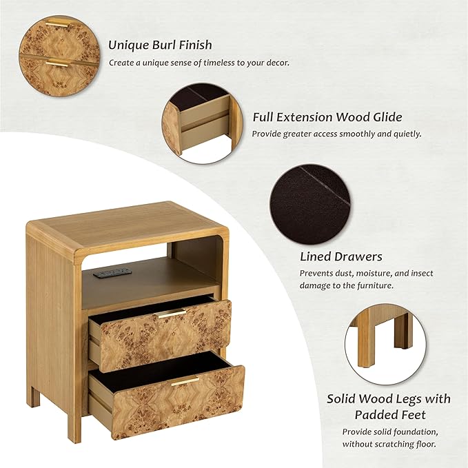 LONYKE Burl Finish Nightstand with Charging Station, Side Table with Power Outlet and USB & Type C Ports, Wood Bedside Table for Bedroom, Fully Assembled, Rustic, Natural, Farmhouse