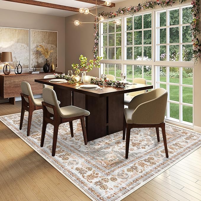 Vhong Boho Area Rugs Washable Vintage Modern Neutral Large Carpet Brown and Grey 5×7 High Traffic Rugs for Dinning Room Living Room Bedroom Farmhouse Non Slip