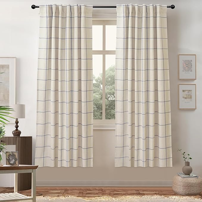 DriftAway 2 Panels 100% Blackout Windowpane Plaid Linen Curtains Double Layer Drapes for Bedroom 63 Inches Long Farmhouse Thermal Insulated 3.25 Inch Rod Pocket Back Tab for Living Room Navy Blue