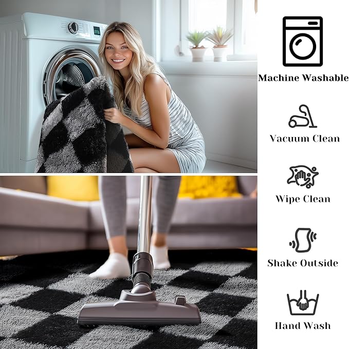 KICMOR Round Rugs 5ft Black and Grey Circle Area Rug, Fluffy Soft Fuzzy Shag Shaggy Bedroom Living Room Carpet, Indoor Checkered Circular Rug for Teen Kids Boys Girls Home Decor Aesthetic, Nursery