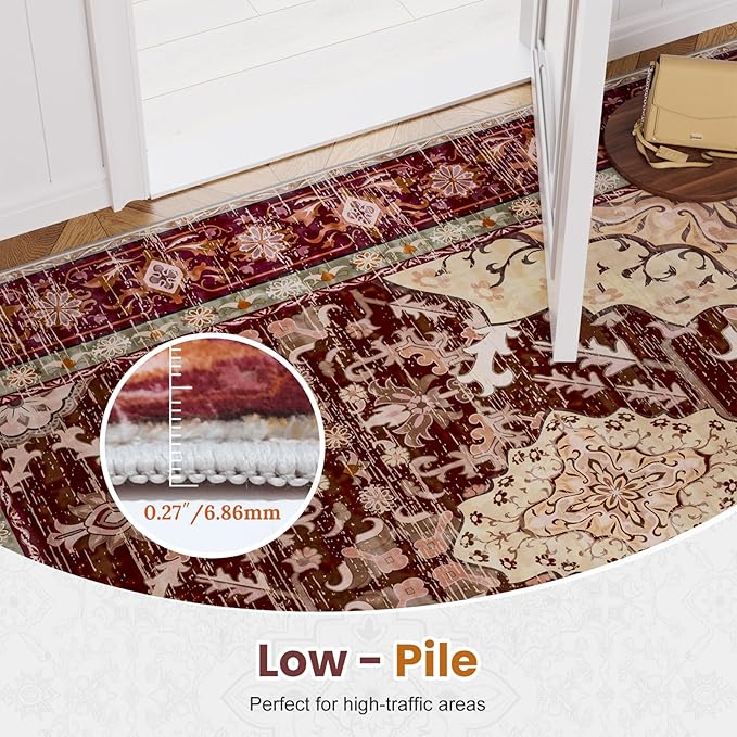 AMTOVO 2x3 Washable Entryway Area Rug Door Mat, Vintage Boho Distressed Print Pattern Non-Slip Carpet, Small Throw Rug for Indoor Entrance Kitchen Bedroom Bathroom Laundry Floor, Vintage Red