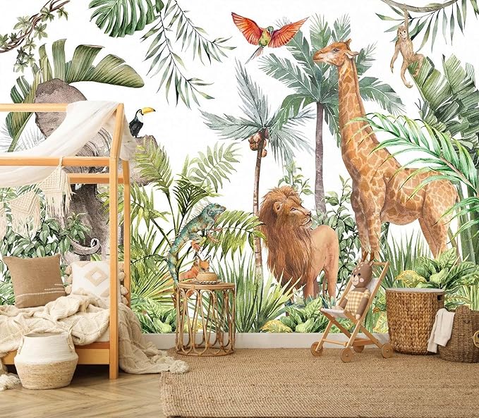Safari Wallpaper Hand Painted Elephants Giraffes Monkeys Lions Tropical Palm Trees Jungle Forest Wall Mural for Bedroom Living Room Baby Nursery